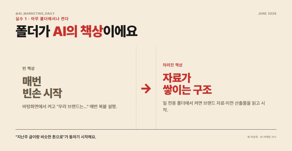 실수 1 — 아무 폴더에서나 켜기. 작업 폴더는 AI의 책상