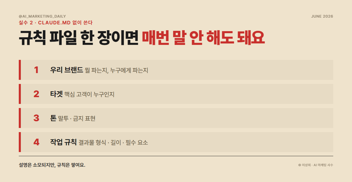 실수 2 — CLAUDE.md 없이 쓰기. 매번 같은 설명을 반복하는 중