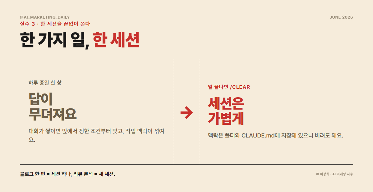 실수 3 — 한 세션 끝없이 쓰기. 대화가 길어질수록 답이 무뎌진다