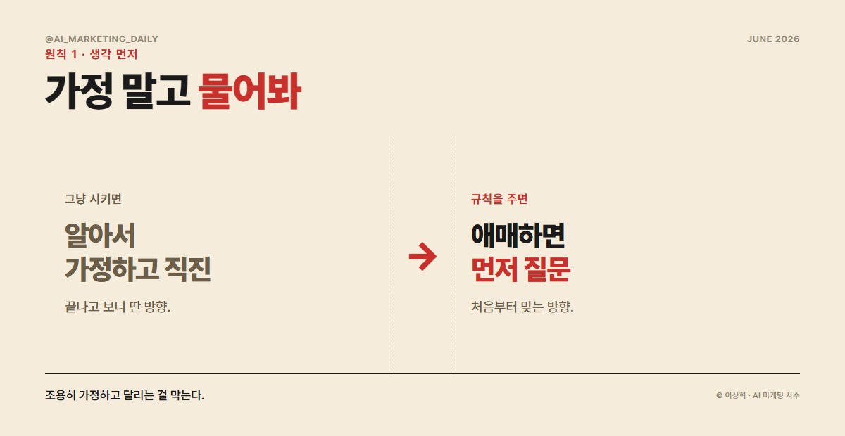 원칙1 생각 먼저 — AI가 멋대로 가정하지 않고 애매하면 되묻게 하기