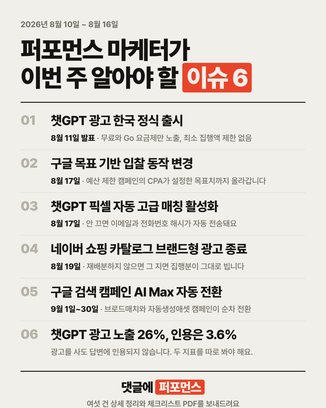 퍼포먼스 마케터가 이번 주 알아야 할 이슈 6을 정리한 카드. 챗GPT 광고 한국 출시부터 광고 노출과 인용률 격차까지 여섯 항목이 날짜순으로 적혀 있다